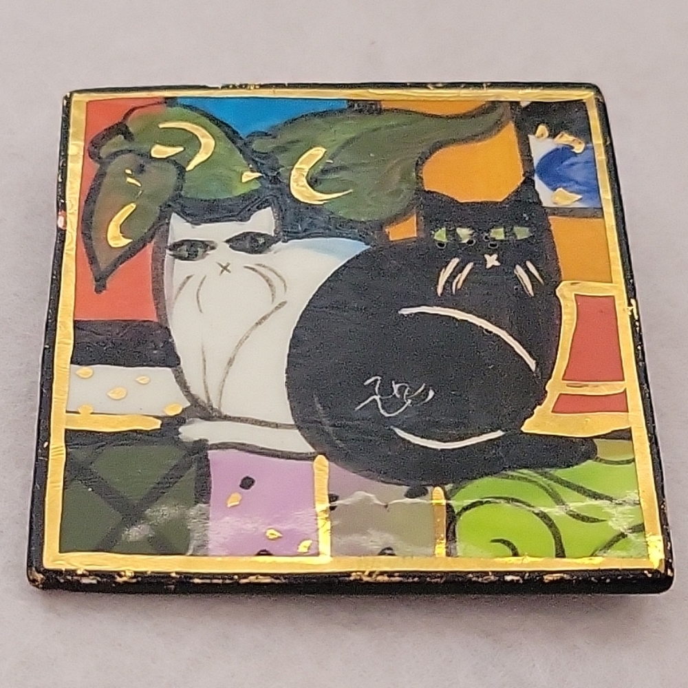 Vintage Laura Mostaghel hand-painted brooch pin, Of Two Cats 22k gold details